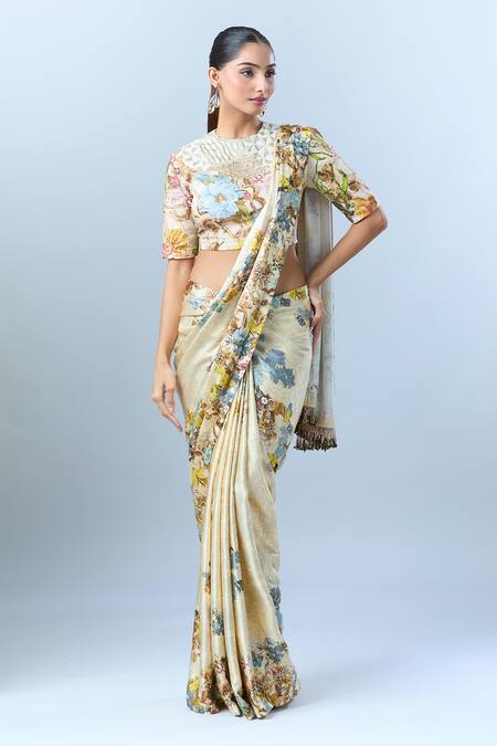 Buy Anamika Khanna Beige Floral, Sequin, Tassel, Bead Round Print Saree With Blouse Online at Aza Fashions Buy_Anamika Khanna_Beige Floral, Sequin, Tassel, Bead Round Print Saree With Blouse _Online_at_Aza_Fashions