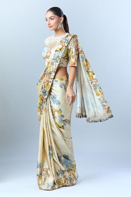 Buy Anamika Khanna Beige Floral, Sequin, Tassel, Bead Round Print Saree With Blouse Buy_Anamika Khanna_Beige Floral, Sequin, Tassel, Bead Round Print Saree With Blouse