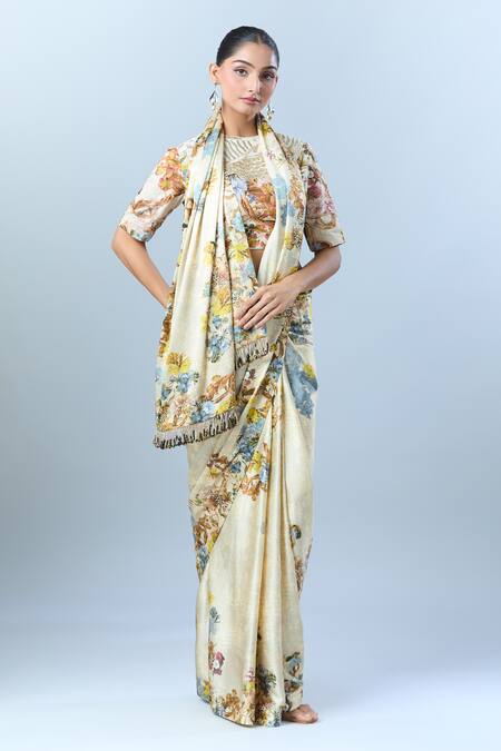 Anamika Khanna Beige Cotton Sequins, Tassels, Beads Round Botanical Print Saree And Blouse Set Online at Aza Fashions Anamika Khanna_Beige Cotton Sequins, Tassels, Beads Round Botanical Print Saree And Blouse Set _Online_at_Aza_Fashions