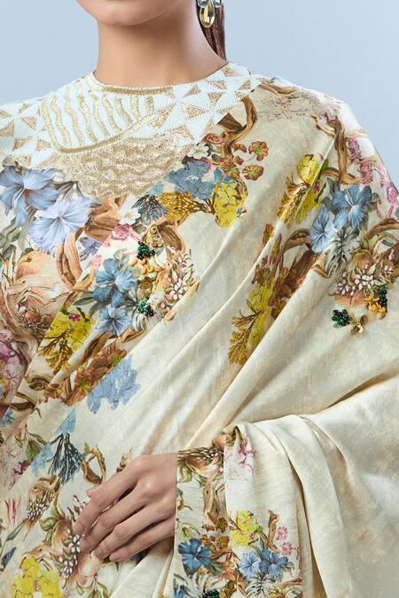Buy Anamika Khanna Beige Cotton Sequins, Tassels, Beads Round Botanical Print Saree And Blouse Set Online at Aza Fashions Buy_Anamika Khanna_Beige Cotton Sequins, Tassels, Beads Round Botanical Print Saree And Blouse Set _Online_at_Aza_Fashions