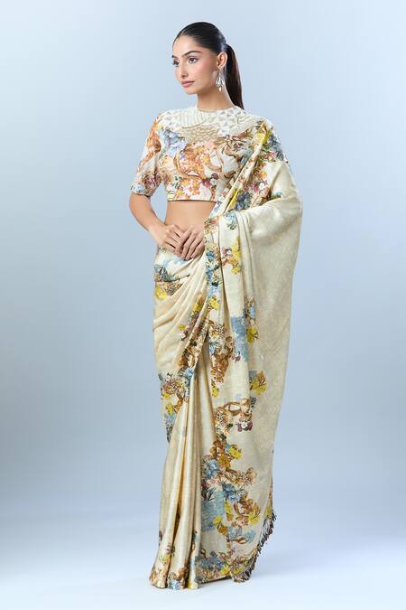 Shop Anamika Khanna Beige Cotton Sequins, Tassels, Beads Round Botanical Print Saree And Blouse Set Online at Aza Fashions Shop_Anamika Khanna_Beige Cotton Sequins, Tassels, Beads Round Botanical Print Saree And Blouse Set _Online_at_Aza_Fashions