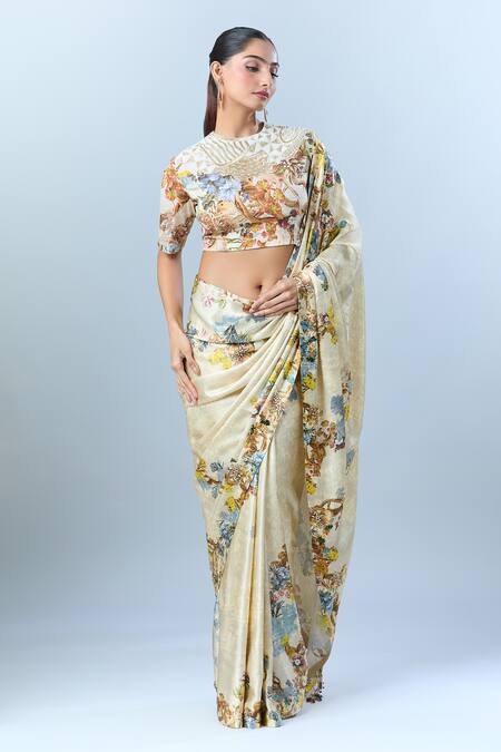 Anamika Khanna Beige Cotton Sequins, Tassels, Beads Round Botanical Print Saree And Blouse Set at Aza Fashions Anamika Khanna_Beige Cotton Sequins, Tassels, Beads Round Botanical Print Saree And Blouse Set _at_Aza_Fashions