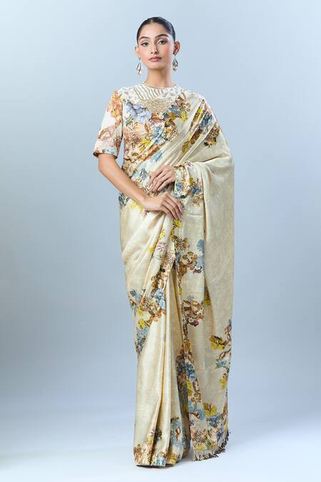 Buy Anamika Khanna Beige Cotton Sequins, Tassels, Beads Round Botanical Print Saree And Blouse Set Buy_Anamika Khanna_Beige Cotton Sequins, Tassels, Beads Round Botanical Print Saree And Blouse Set