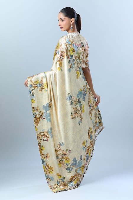 Shop Anamika Khanna Beige Cotton Sequins, Tassels, Beads Round Botanical Print Saree And Blouse Set at Aza Fashions Shop_Anamika Khanna_Beige Cotton Sequins, Tassels, Beads Round Botanical Print Saree And Blouse Set _at_Aza_Fashions