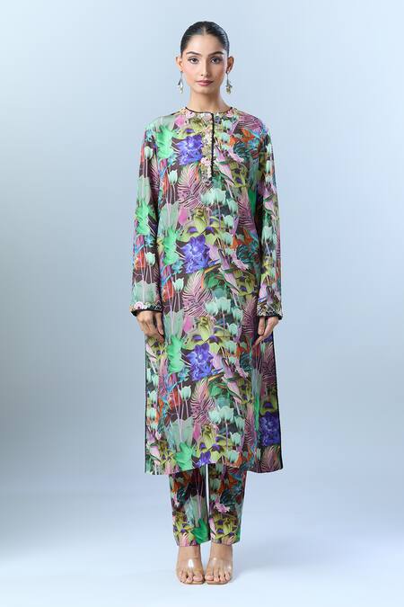 Anamika Khanna Black Sequin, Tassel, Bead, Botanical Round Print Kurta Set Online at Aza Fashions Anamika Khanna_Black Sequin, Tassel, Bead, Botanical Round Print Kurta Set_Online_at_Aza_Fashions