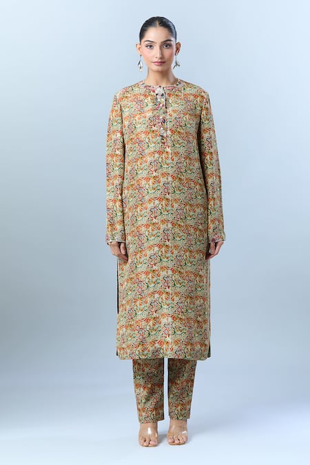 Anamika Khanna Beige Cotton Beads, Sequins Round Neck Abstract Geometric Print Kurta Set Online at Aza Fashions Anamika Khanna_Beige Cotton Beads, Sequins Round Neck Abstract Geometric Print Kurta Set _Online_at_Aza_Fashions