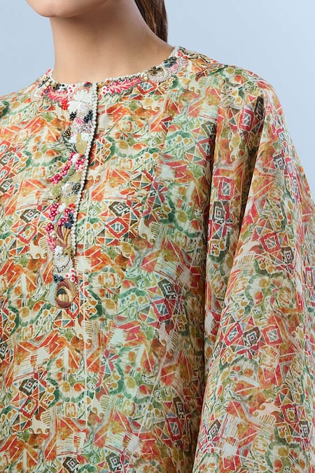 Anamika Khanna Beige Cotton Beads, Sequins Round Neck Abstract Geometric Print Kurta Set at Aza Fashions Anamika Khanna_Beige Cotton Beads, Sequins Round Neck Abstract Geometric Print Kurta Set _at_Aza_Fashions