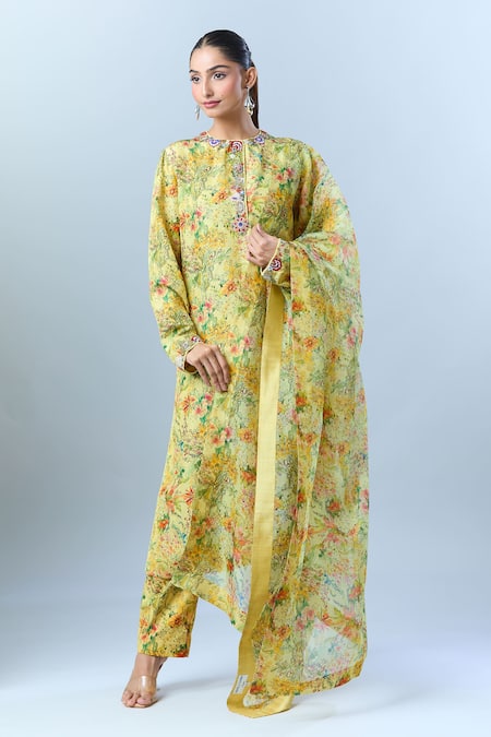 Anamika Khanna_Yellow Abstract, Floral, Sequin, Tassel, Bead Round Print Kurta Set _Online_at_Aza_Fashions