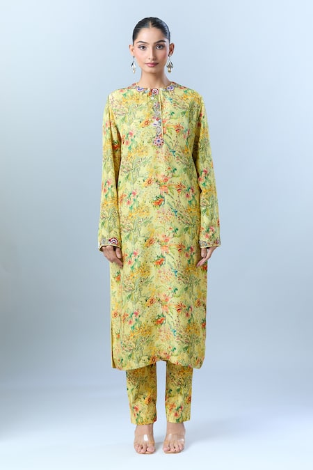Buy_Anamika Khanna_Yellow Abstract, Floral, Sequin, Tassel, Bead Round Print Kurta Set _Online_at_Aza_Fashions