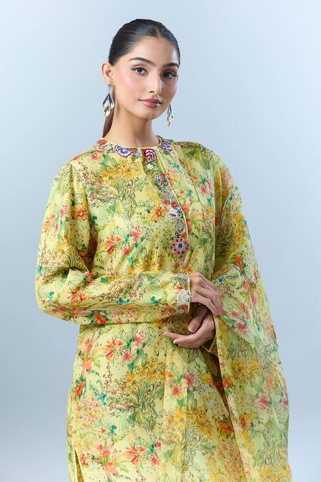 Shop_Anamika Khanna_Yellow Abstract, Floral, Sequin, Tassel, Bead Round Print Kurta Set _Online_at_Aza_Fashions