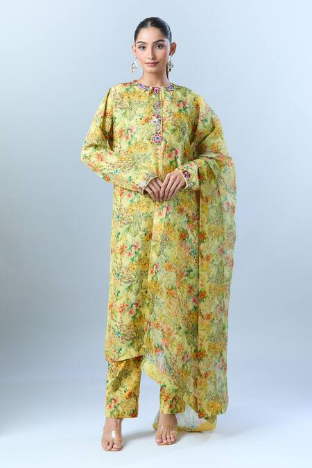 Buy_Anamika Khanna_Yellow Abstract, Floral, Sequin, Tassel, Bead Round Print Kurta Set 