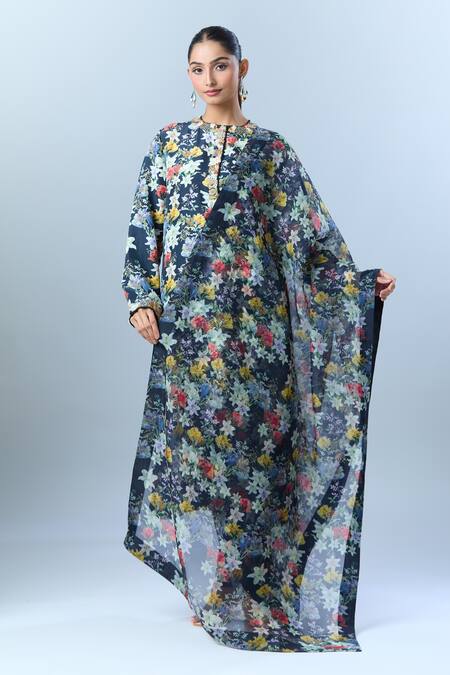 Shop Anamika Khanna Black Sequin, Tassel, Bead, Botanical Round Print Straight Kurta Set Online at Aza Fashions Shop_Anamika Khanna_Black Sequin, Tassel, Bead, Botanical Round Print Straight Kurta Set_Online_at_Aza_Fashions