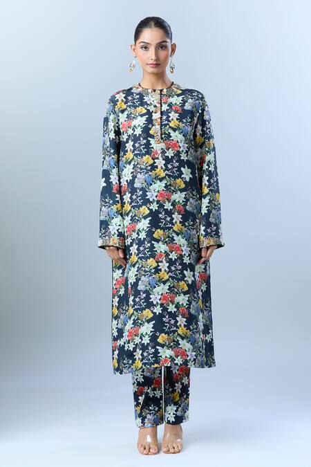 Buy Anamika Khanna Black Sequin, Tassel, Bead, Botanical Round Print Straight Kurta Set Buy_Anamika Khanna_Black Sequin, Tassel, Bead, Botanical Round Print Straight Kurta Set