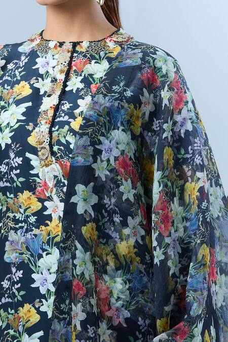 Shop Anamika Khanna Black Sequin, Tassel, Bead, Botanical Round Print Straight Kurta Set Shop_Anamika Khanna_Black Sequin, Tassel, Bead, Botanical Round Print Straight Kurta Set