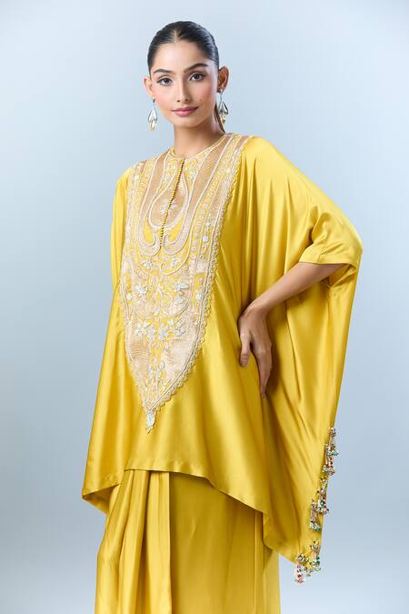 Anamika Khanna Yellow Floral, Sequin, Aari, Bead Round Embroidered Kaftan With Skirt Online at Aza Fashions Anamika Khanna_Yellow Floral, Sequin, Aari, Bead Round Embroidered Kaftan With Skirt_Online_at_Aza_Fashions