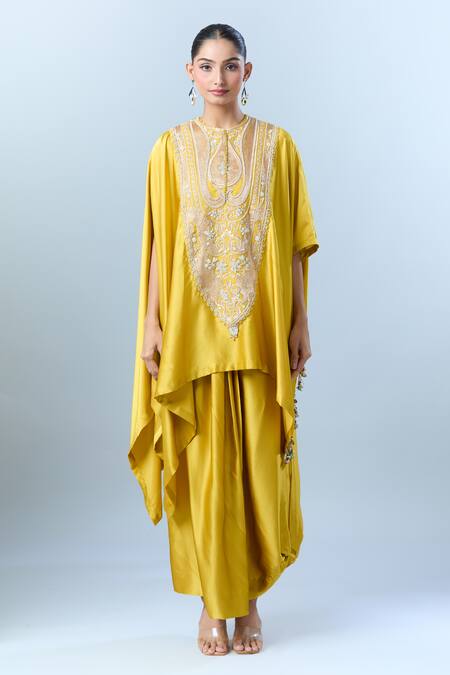 Shop Anamika Khanna Yellow Floral, Sequin, Aari, Bead Round Embroidered Kaftan With Skirt Online at Aza Fashions Shop_Anamika Khanna_Yellow Floral, Sequin, Aari, Bead Round Embroidered Kaftan With Skirt_Online_at_Aza_Fashions