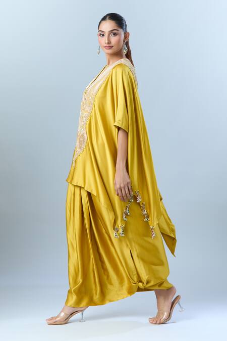 Anamika Khanna Yellow Floral, Sequin, Aari, Bead Round Embroidered Kaftan With Skirt at Aza Fashions Anamika Khanna_Yellow Floral, Sequin, Aari, Bead Round Embroidered Kaftan With Skirt_at_Aza_Fashions