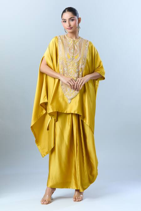 Shop Anamika Khanna Yellow Floral, Sequin, Aari, Bead Round Embroidered Kaftan With Skirt Shop_Anamika Khanna_Yellow Floral, Sequin, Aari, Bead Round Embroidered Kaftan With Skirt
