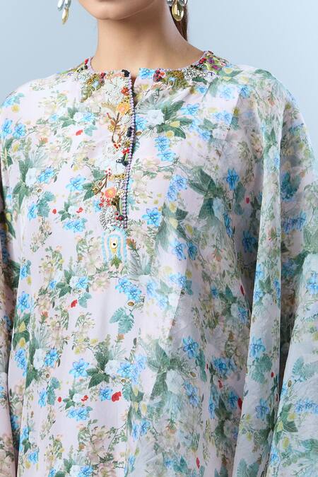 Anamika Khanna_Pink Cotton, Chiffon Beads, Sequins Round Floral Print Embroidered Kurta Set_Online_at_Aza_Fashions