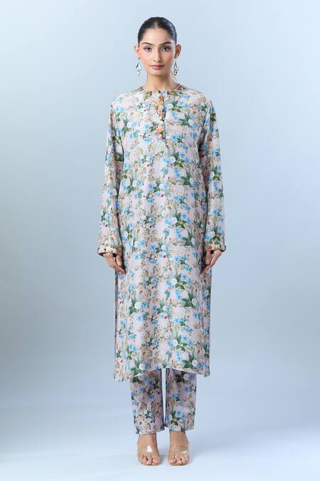 Shop_Anamika Khanna_Pink Cotton, Chiffon Beads, Sequins Round Floral Print Embroidered Kurta Set_Online_at_Aza_Fashions