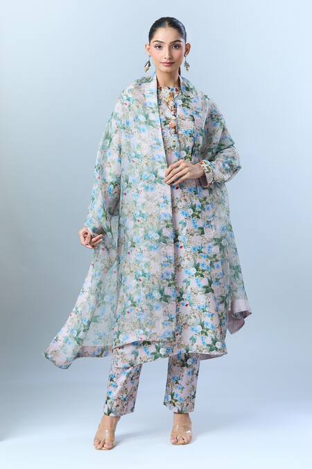 Anamika Khanna_Pink Cotton, Chiffon Beads, Sequins Round Floral Print Embroidered Kurta Set_at_Aza_Fashions