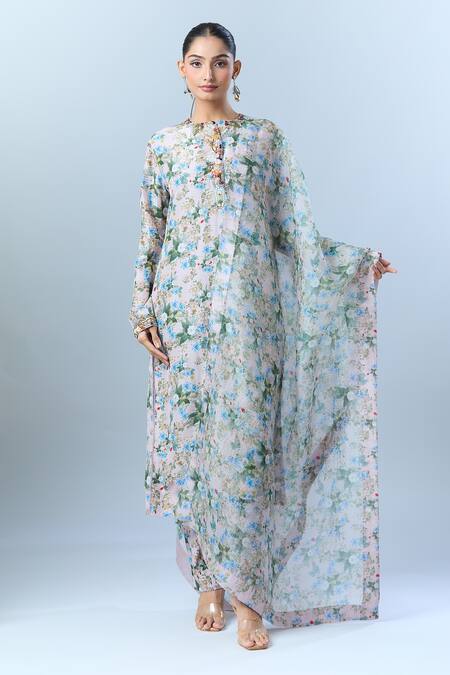 Buy_Anamika Khanna_Pink Cotton, Chiffon Beads, Sequins Round Floral Print Embroidered Kurta Set