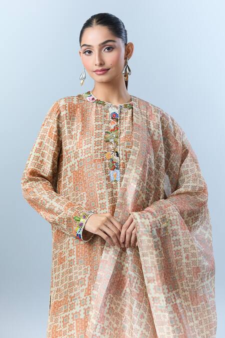 Buy Anamika Khanna Beige Cotton Beads, Sequins Round Neck Geometric Print Kurta Set Online at Aza Fashions Buy_Anamika Khanna_Beige Cotton Beads, Sequins Round Neck Geometric Print Kurta Set _Online_at_Aza_Fashions