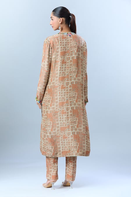 Shop Anamika Khanna Beige Cotton Beads, Sequins Round Neck Geometric Print Kurta Set at Aza Fashions Shop_Anamika Khanna_Beige Cotton Beads, Sequins Round Neck Geometric Print Kurta Set _at_Aza_Fashions