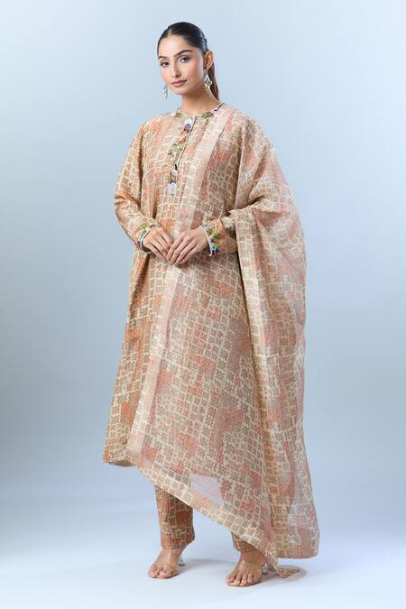 Shop Anamika Khanna Beige Cotton Beads, Sequins Round Neck Geometric Print Kurta Set Online at Aza Fashions Shop_Anamika Khanna_Beige Cotton Beads, Sequins Round Neck Geometric Print Kurta Set _Online_at_Aza_Fashions