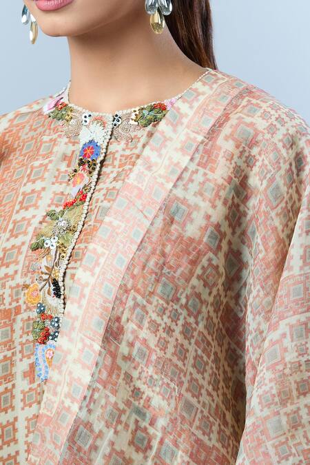 Anamika Khanna Beige Cotton Beads, Sequins Round Neck Geometric Print Kurta Set at Aza Fashions Anamika Khanna_Beige Cotton Beads, Sequins Round Neck Geometric Print Kurta Set _at_Aza_Fashions