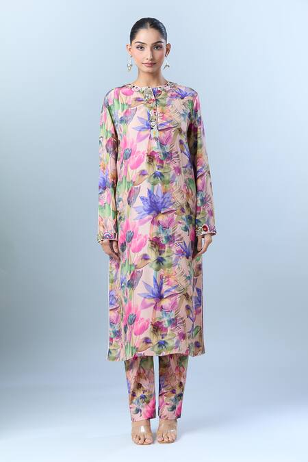 Buy_Anamika Khanna_Pink Sequin, Bead, Floret Round Print Kurta Set _Online_at_Aza_Fashions