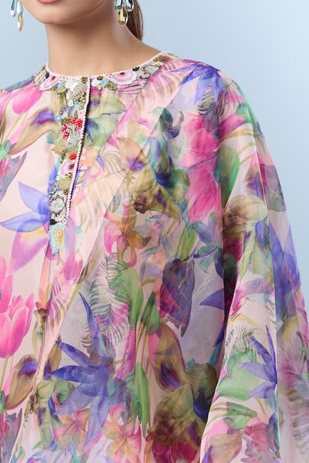 Shop_Anamika Khanna_Pink Sequin, Bead, Floret Round Print Kurta Set _Online_at_Aza_Fashions