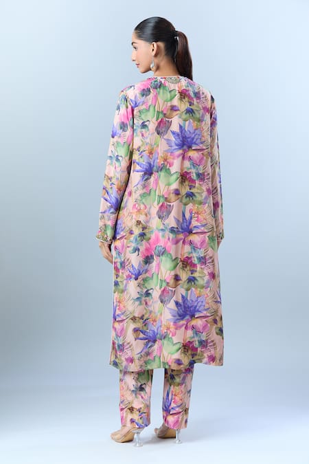 Shop_Anamika Khanna_Pink Sequin, Bead, Floret Round Print Kurta Set _at_Aza_Fashions
