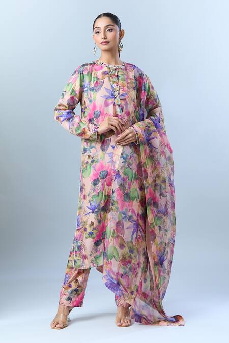 Anamika Khanna_Pink Sequin, Bead, Floret Round Print Kurta Set _at_Aza_Fashions