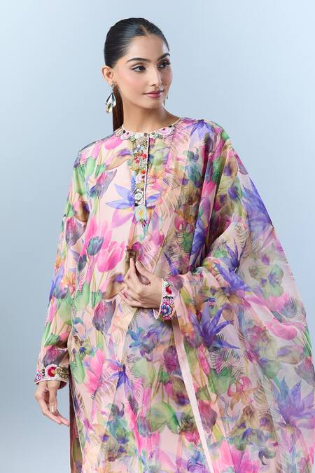 Buy_Anamika Khanna_Pink Sequin, Bead, Floret Round Print Kurta Set 