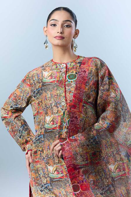 Buy Anamika Khanna Multi Color Cotton Beads, Sequins Round Neck Abstract Floral Print Kurta Set Online at Aza Fashions Buy_Anamika Khanna_Multi Color Cotton Beads, Sequins Round Neck Abstract Floral Print Kurta Set _Online_at_Aza_Fashions