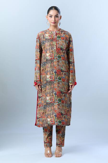 Shop Anamika Khanna Multi Color Cotton Beads, Sequins Round Neck Abstract Floral Print Kurta Set Online at Aza Fashions Shop_Anamika Khanna_Multi Color Cotton Beads, Sequins Round Neck Abstract Floral Print Kurta Set _Online_at_Aza_Fashions