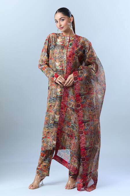 Buy Anamika Khanna Multi Color Cotton Beads, Sequins Round Neck Abstract Floral Print Kurta Set Buy_Anamika Khanna_Multi Color Cotton Beads, Sequins Round Neck Abstract Floral Print Kurta Set