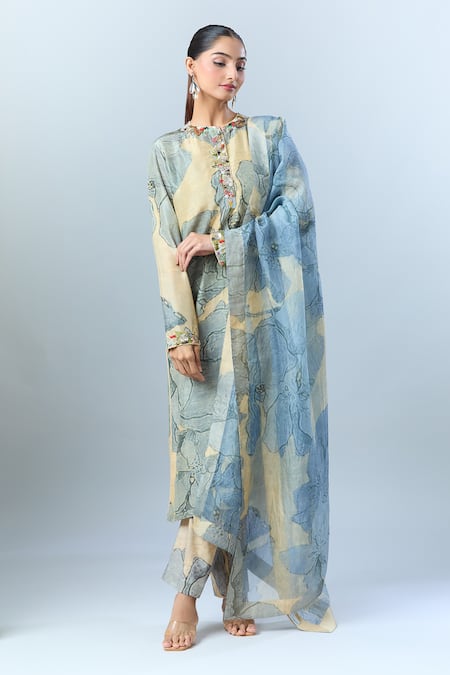 Shop Anamika Khanna Beige Floral, Sequin, Tassel, Bead Round Embroidered Neck Printed Kurta Set Online at Aza Fashions Shop_Anamika Khanna_Beige Floral, Sequin, Tassel, Bead Round Embroidered Neck Printed Kurta Set_Online_at_Aza_Fashions