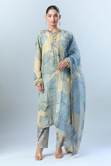 Anamika Khanna Beige Floral, Sequin, Tassel, Bead Round Embroidered Neck Printed Kurta Set at Aza Fashions Anamika Khanna_Beige Floral, Sequin, Tassel, Bead Round Embroidered Neck Printed Kurta Set_at_Aza_Fashions