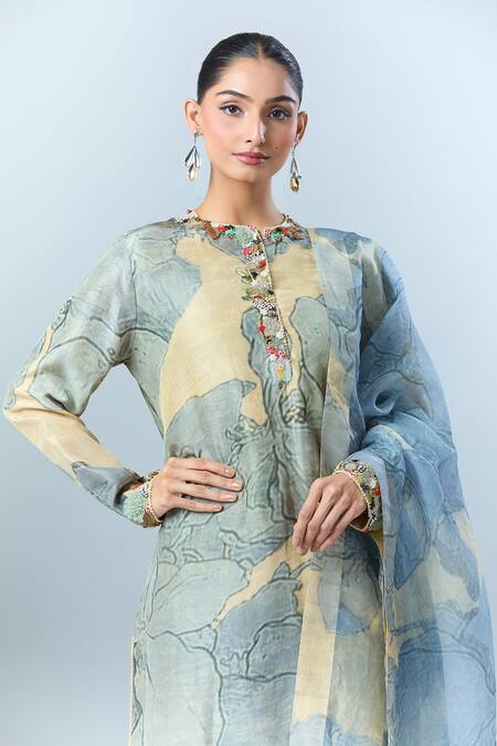 Buy Anamika Khanna Beige Floral, Sequin, Tassel, Bead Round Embroidered Neck Printed Kurta Set Buy_Anamika Khanna_Beige Floral, Sequin, Tassel, Bead Round Embroidered Neck Printed Kurta Set