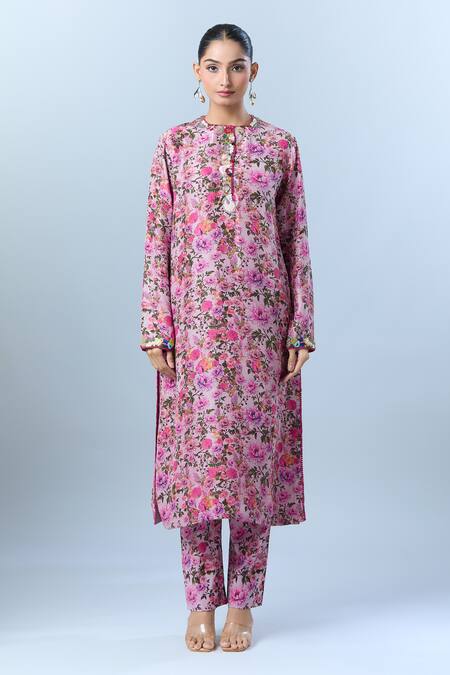 Anamika Khanna_Purple Cotton, Chiffon Sequins, Beads, Tassels Round Blossom Print Kurta Set _Online_at_Aza_Fashions