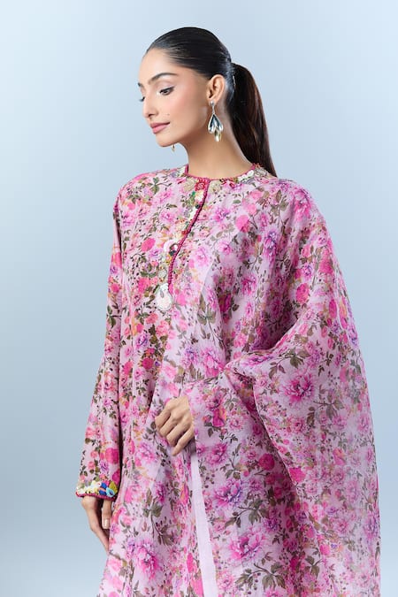 Buy_Anamika Khanna_Purple Cotton, Chiffon Sequins, Beads, Tassels Round Blossom Print Kurta Set _Online_at_Aza_Fashions