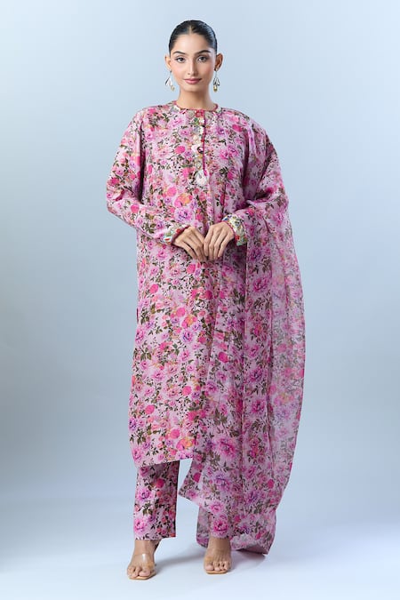 Shop_Anamika Khanna_Purple Cotton, Chiffon Sequins, Beads, Tassels Round Blossom Print Kurta Set _Online_at_Aza_Fashions