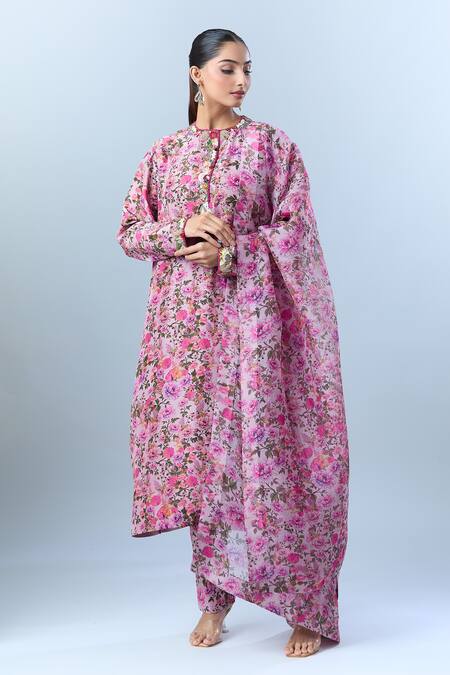 Buy_Anamika Khanna_Purple Cotton, Chiffon Sequins, Beads, Tassels Round Blossom Print Kurta Set 