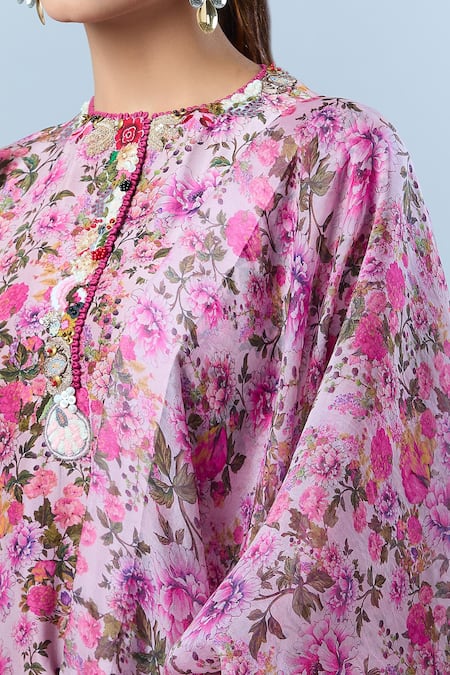 Shop_Anamika Khanna_Purple Cotton, Chiffon Sequins, Beads, Tassels Round Blossom Print Kurta Set 