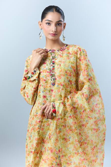 Anamika Khanna_Cream Cotton Sequins, Beads Round Neck Blossom Print Kurta Set _Online_at_Aza_Fashions