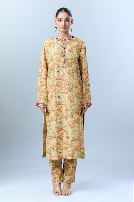 Shop_Anamika Khanna_Cream Cotton Sequins, Beads Round Neck Blossom Print Kurta Set _Online_at_Aza_Fashions