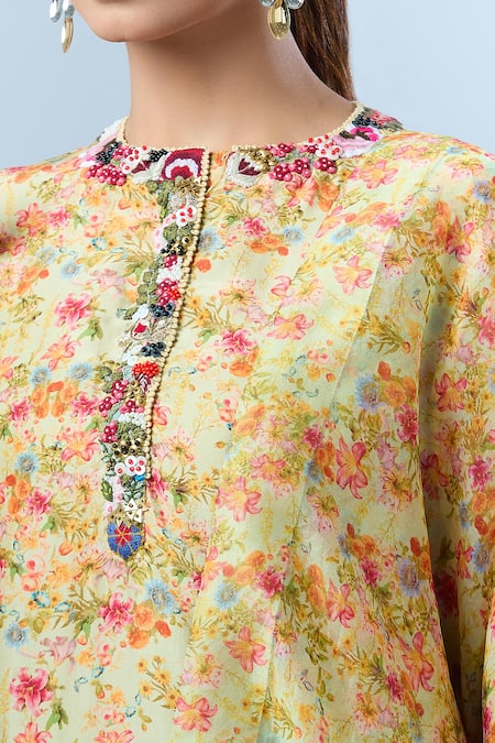 Anamika Khanna_Cream Cotton Sequins, Beads Round Neck Blossom Print Kurta Set _at_Aza_Fashions