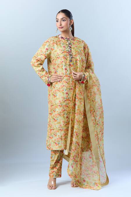 Shop_Anamika Khanna_Cream Cotton Sequins, Beads Round Neck Blossom Print Kurta Set 
